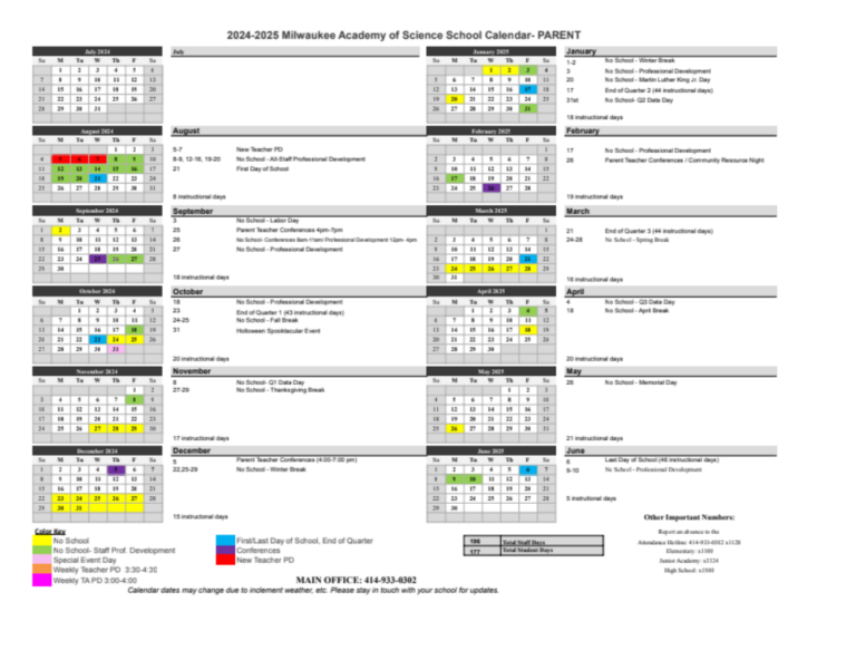 Milwaukee Academy of Science 20242025 School Calendar